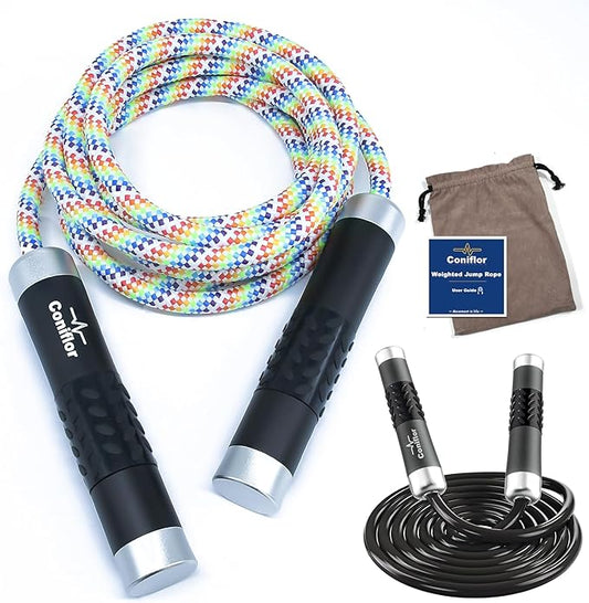Weighted Jump Rope, 1LB Tangle-Free Ball Bearing Rapid Speed Skipping Rope for Men Women, Adjustable 9mm Cotton & PVC Rope with Alum Handle for Boxing MMA Weight-Loss Athletic Workout Fitness