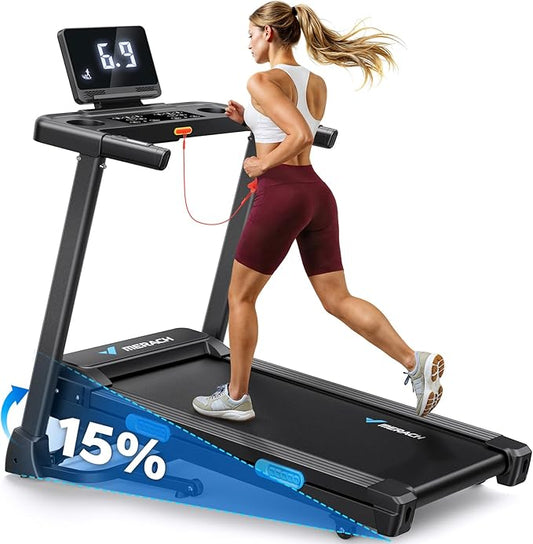 MERACH Foldable Treadmill with Incline, 7.5MPH Quiet Treadmills for Home with Double Deck Technology, 4 Silicone Shock Cushion, Heart Rate Monitoring,16.5" Wider Belt, APP