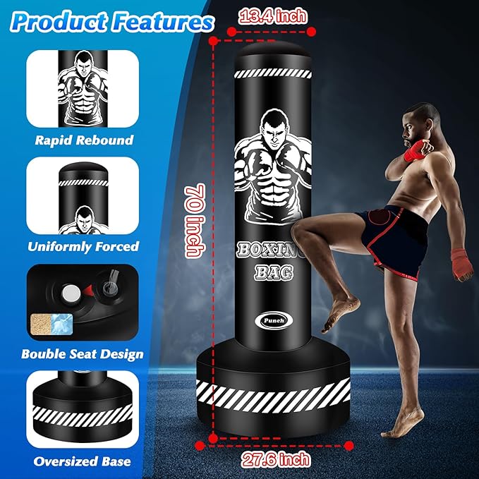 Standing Punching Bag for Adults Teens, 70" Heavy Punching Bag with Stand, Heavy Bag Inflatable Kick Boxing Bag Training Equipment Bags for Training MMA Muay Thai Fitness