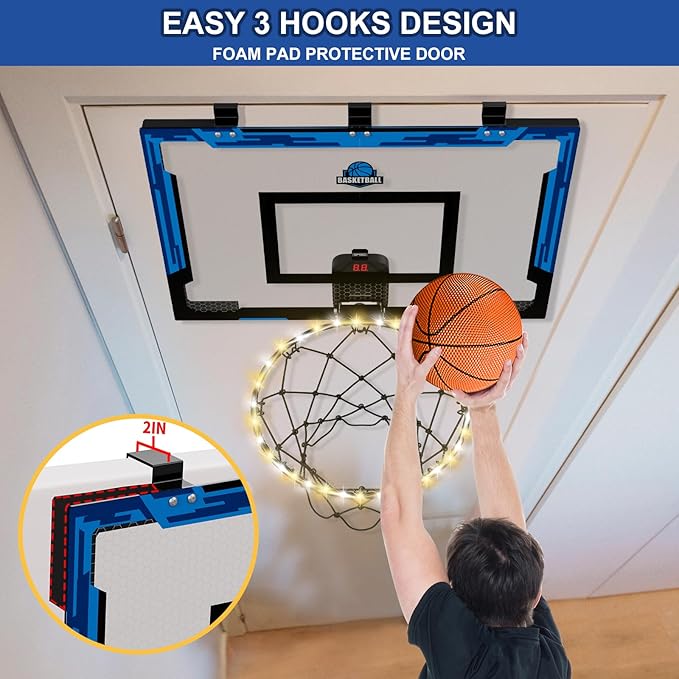 24" x 16" Large Basketball Hoop Indoor for Adults, Over The Door Basketball Hoop with Electronic Scoreboard/LED Rim, Big Basketball Toys Gifts Ideas for Man Kids Teens Boys Girls, Blue
