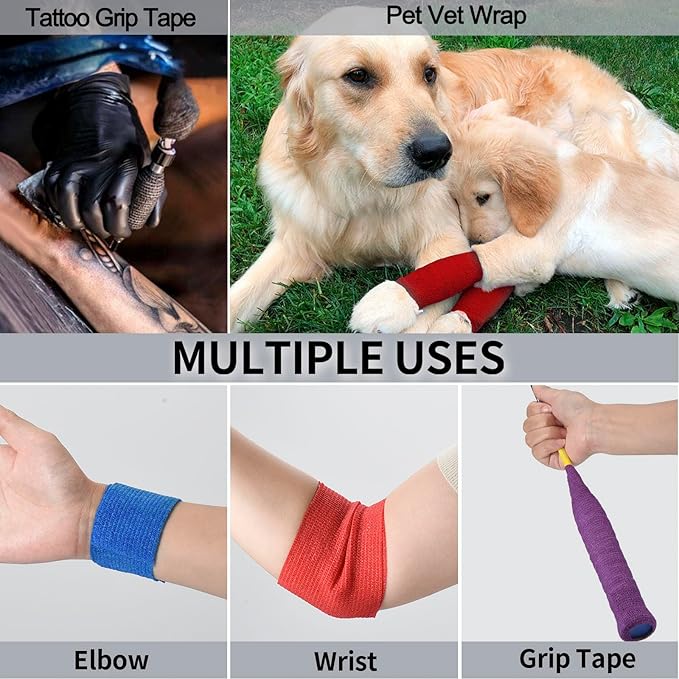 24 Pack Self Adherent Cohesive Wrap Bandages Non Woven Cohesive Bandage Elastic Self Adhesive Bandage Wrap Sports Athletic Tape First Aid Tape for Wrist Ankle Pet Vet Wrap Grip Cover 2 inch