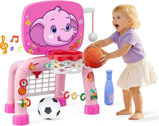 Toddler Basketball Hoop & Soccer Goal Tball Set, Kids Sport Toys with Light & Sound, Musical Activity Center Toys for 1 2 3 Years Old Girls, Christmas Birthday Gifts for Baby 12-18 Months