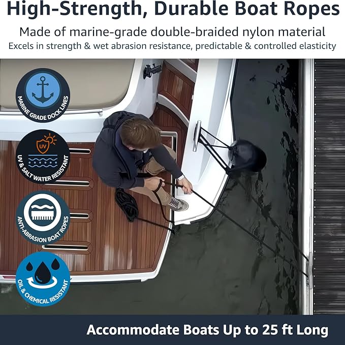 4 Pack 3/8" x 20' Dock Lines - Marine Grade Nylon Boat Rope with 12" Loop for Docking and Mooring - Double Braided Boat Lines, High Strength, Easy Handling, Fray Resistant - Black