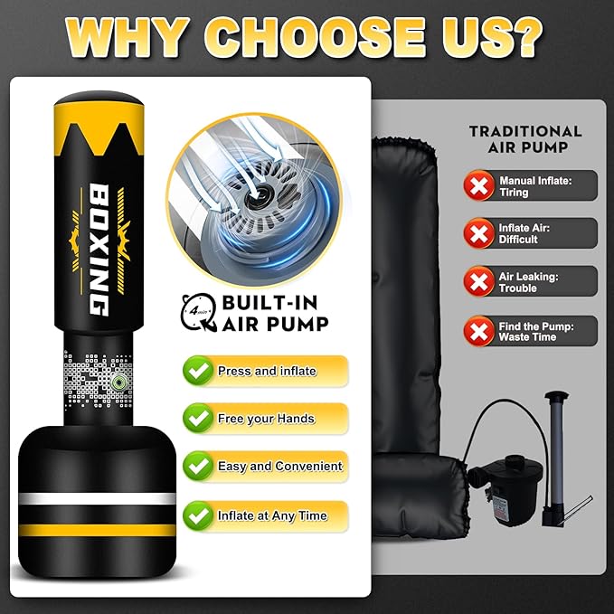 Upgrated Standing Punching Bag for Adults with Automatic Built in Air Pump, 71'' Heavy Bag Boxing Equipment with 12OZ Gloves Kicking Bag for Beginner Training MMA Muay Thai Fitness Kickboxing Home Gym