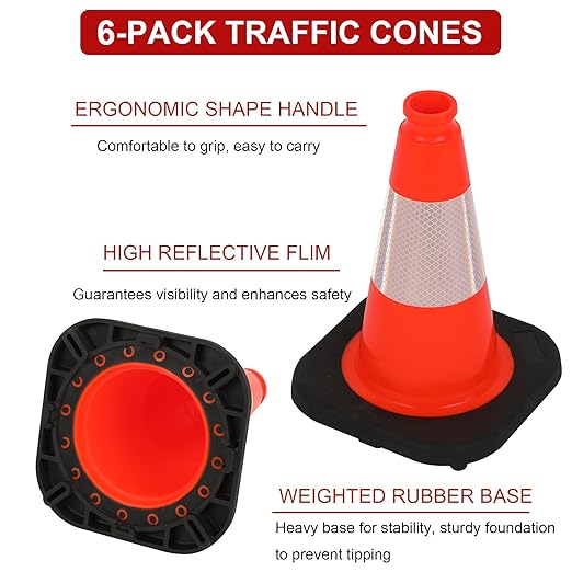 OrangeStar 12" Traffic Cones 6-Pack, Orange Safety Cones with Reflective Collar, Heavy Duty Base for Driving Practice, Parking Lots, Roadwork, Construction | Indoor & Outdoor Use