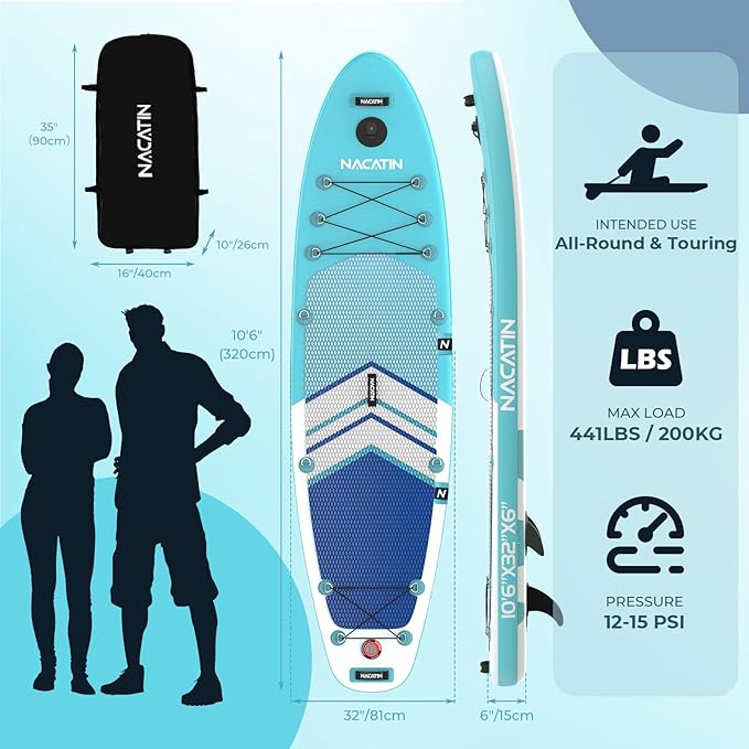 NACATIN Inflatable Stand Up Paddle Board with Kayak Seat,10'6"Upgrade Version Blow Up Paddle Boards for Adults with Premium SUP Accessories&Backpack,Adjustable Paddle,Camera Mount,Fins,Hand Pump