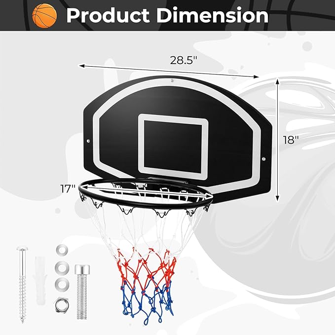 Goplus Wall Mount Basketball Hoop, 28.5’’ x 18’’ Large Backboard with 17’’ Rim, Shatter-Proof Backboard, All-Weather Net, Door Wall Mounted Indoor Outdoor Basketball Playset for Backyard Family Games