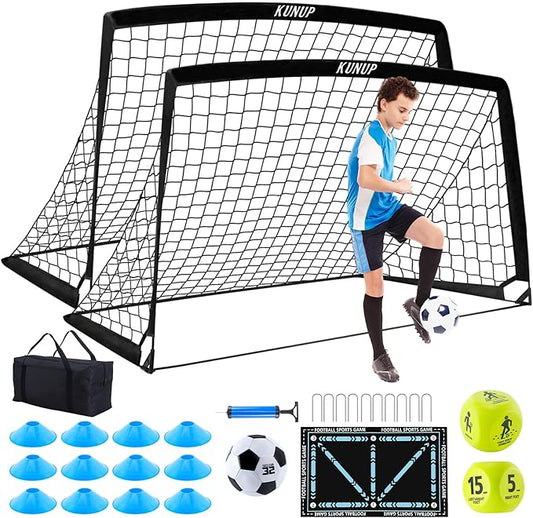 2 Pack Kids Soccer Goal for Backyard Set 6x4FT Portable Pop Up Soccer Net Training Equipment with Soccer Ball, Training Dice Mat, Cones and Carry Bag for Youth Toddler Teams Indoor Outdoor Sport Game