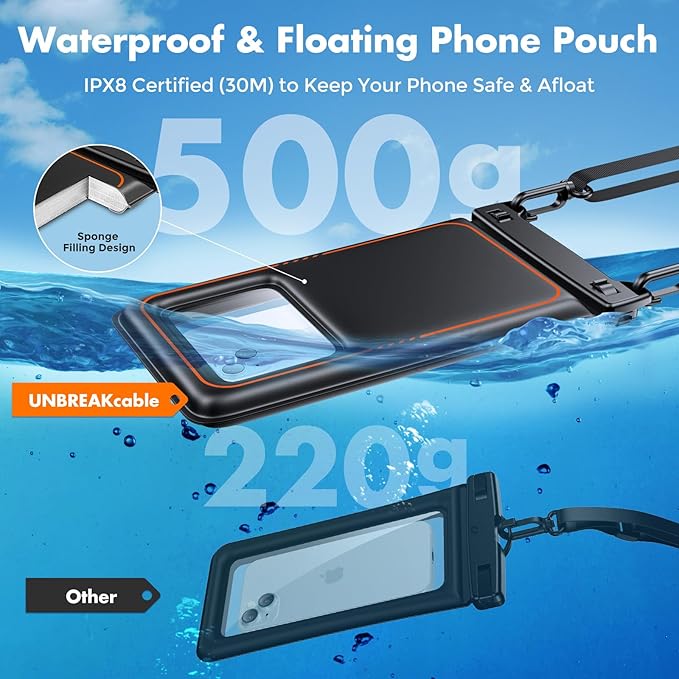 UNBREAKcable [UP to 9.5"]XL Size Waterproof Phone Pouch Floating [Sponge Cushion] IPX8 Phone Case Dry Bag for iPhone 17 16 15 14 Pro Max Samsung S25 Ultra, Travel Kayaking Beach Essentials - 2 Pack