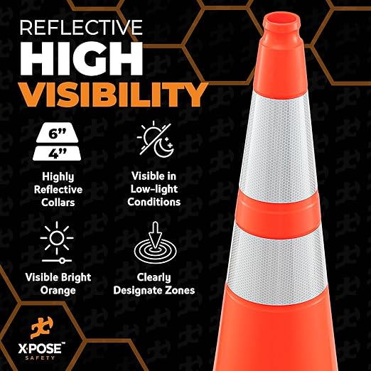 Xpose Safety 36 Inch Orange Traffic Cones Heavy Duty 15lb with 6" & 4" Collars, 12 Pack - Multipurpose PVC Plastic Safety Cone for Parking, Soccer, Caution, Kids and Construction - DOT Approved
