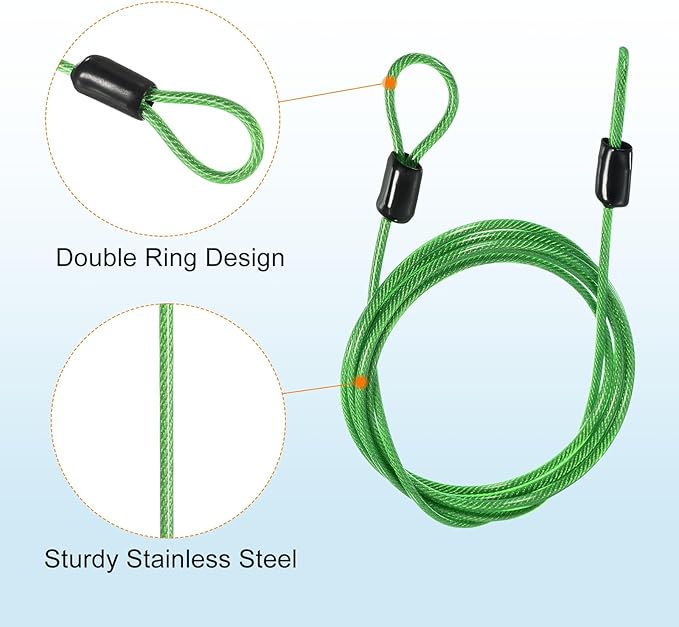 MECCANIXITY Security Steel Cable Lock, Safety Cable Flexible Wire Rope Luggage Lock 5feet 2.5mm Vinyl Coated Braided Steel with Double Loop for Bike Bicycle U-Lock Padlock Green