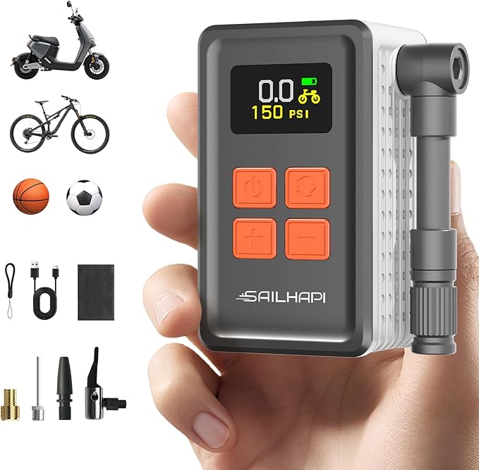 Mini Bike Tire Pump (150PSI Fast Inflation with Guage) (Presta and Schrader Valve) Portable Electric Air Pump for Road and Mountain Bicycle, E-Bike, Motorcycle, Sports Ball