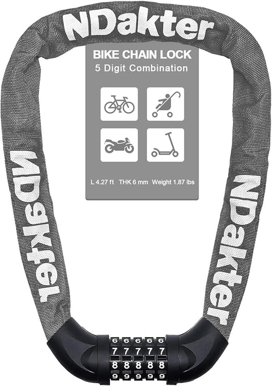 NDakter Bike Chain Lock, 5 Digit Combination Heavy Duty Anti Theft Bicycle Chain Lock,2.62/3.2/4.27/5/6Ft Long Security Resettable Bike Locks for Bike, Bicycle, Scooter, Door, Gate, Fence-4/6mm Thick