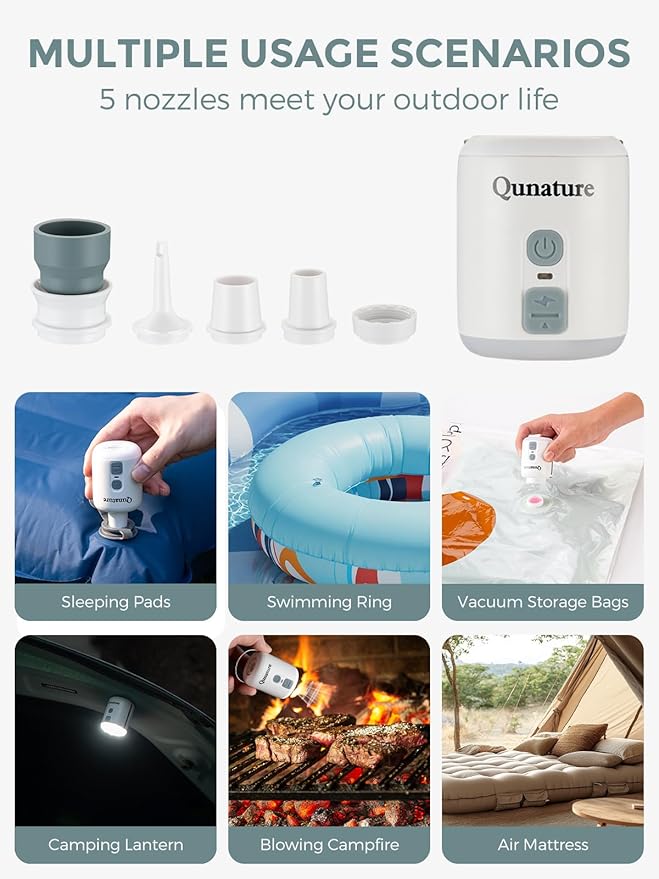 Portable Air Pump for Inflatable, Rechargeable Tiny Pump Air Mattress Pump with Camping Lantern Mini Pump for Sleeping Pads, Pool Floats, Swimming Rings