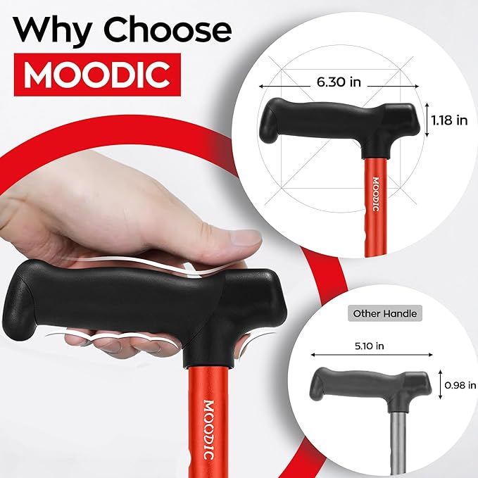 Walking Cane for Women, Extended Grip; Solid Base; Foldable; Adjustable Heights; Lightweight; Free Standing; Portable Canes for Men for Stability (Red)