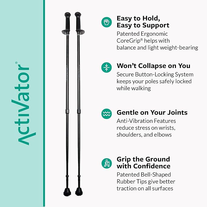 Urban Poling ACTIVATOR® Walking Poles for Balance and Rehabilitation – 1 Pair – Ergonomic CoreGrip™ Handles – Adjustable, Collapsible, and Lightweight for Stability and Recovery in Evening Black