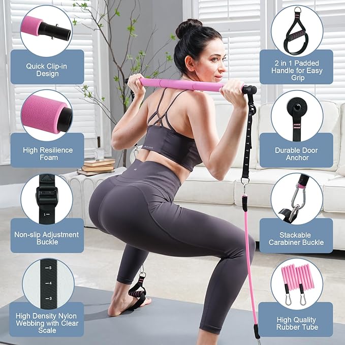 Pilates Bar Kit with Resistance Bands, Multifunctional Pilates Bar with 3 Set Exercise Resistance Bands, Portable Pilates Equipment for Women Home Gym Yoga Workouts