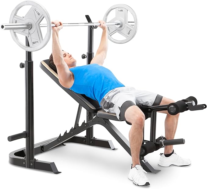 Marcy Olympic Workout Bench for Home Gym Strength Training Equipment with Preacher Curl Pad and Weight Rack Storage, White/Black