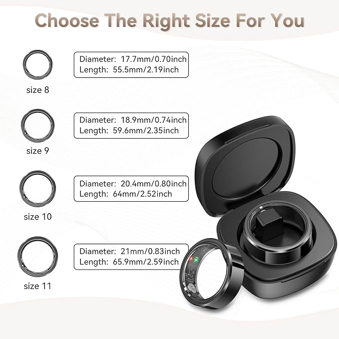 Health Smart Ring for Men Women, Fitness Tracker with Heart Rate/Blood Pressure/Blood Oxygen Monitor,Sleep Tracker,Pedometer, IP68 Waterproof Ring for iPhone&Android, No Subscription (Black, Size11）