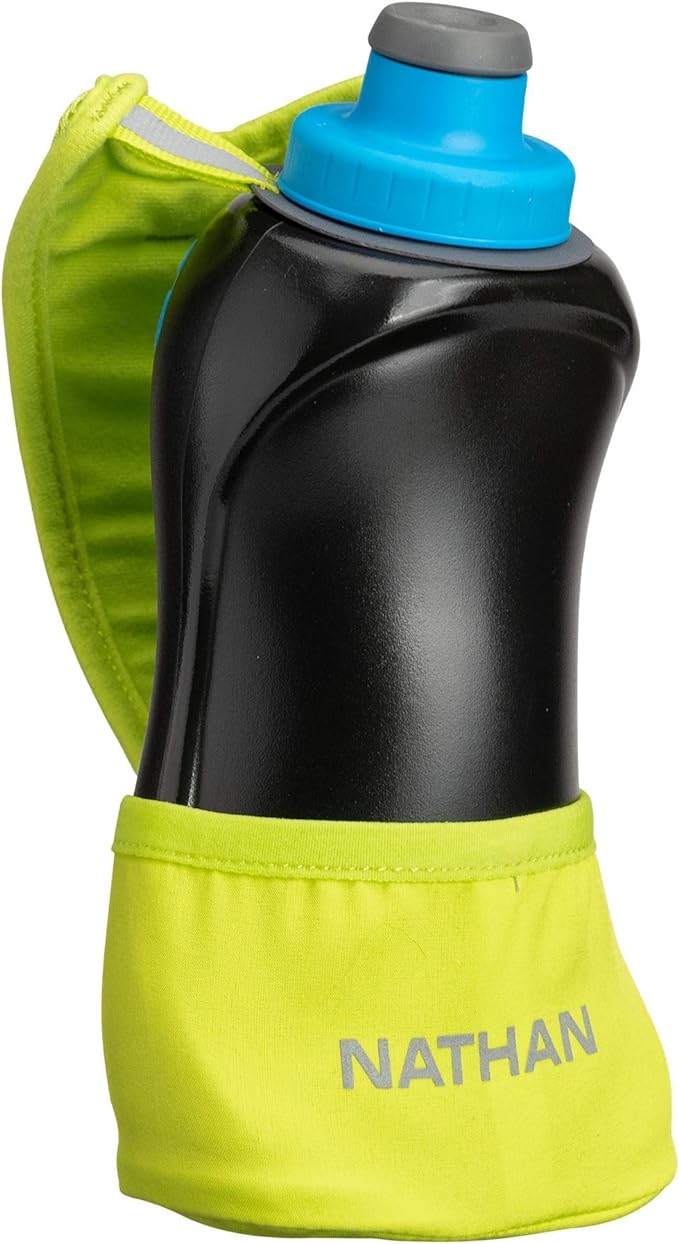 Nathan Running Handheld Water Bottle Adjustable No-Grip Quick Squeeze Lite Hand Strap. 12 oz Insulated Water Bottle. Reflective Hydration