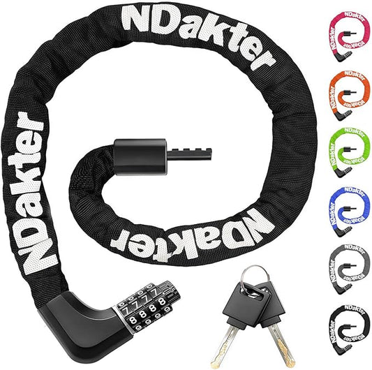 NDakter Upgrade Bike Chain Lock with 4 Digit Combination and 2 Keys, 3.2/4.28 Ft Heavy Duty Anti-Theft Bicycle Lock, 2 Ways to Unlock High Security Scooter Locks for Ebike, Escooter, Door