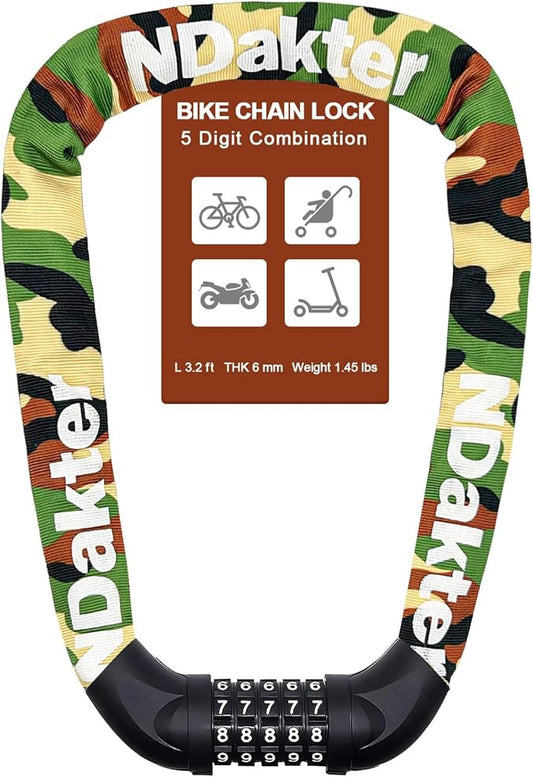 NDakter Bike Chain Lock, 5 Digit Combination Heavy Duty Anti Theft Bicycle Chain Lock,2.62/3.2/4.27/5/6Ft Long Security Resettable Bike Locks for Bike, Bicycle, Scooter, Door, Gate, Fence-4/6mm Thick