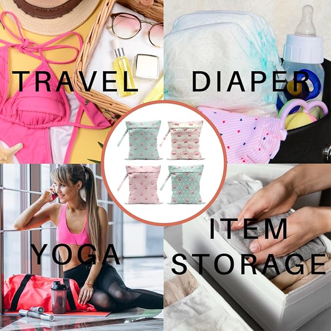 4 Pack Cute Stripe Bow Cherry Wet Bag Waterproof Washable Reusable Wet Dry Bag for Swimsuit Dirty Clothes Soiled Items Cloth Diaper Travel Beach Pool Yoga Gym Toiletries Travel Essentials