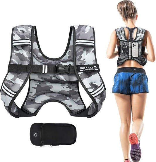 BAGAIL Weighted Vest, 5lbs/8lbs/10lbs/12lbs/15lbs/20lbs/25lbs/30lbs Weight Vest with Detachable Phone Pouch, Rucking Vest for Women, Men, Walking, Weight Loss, Training, Running