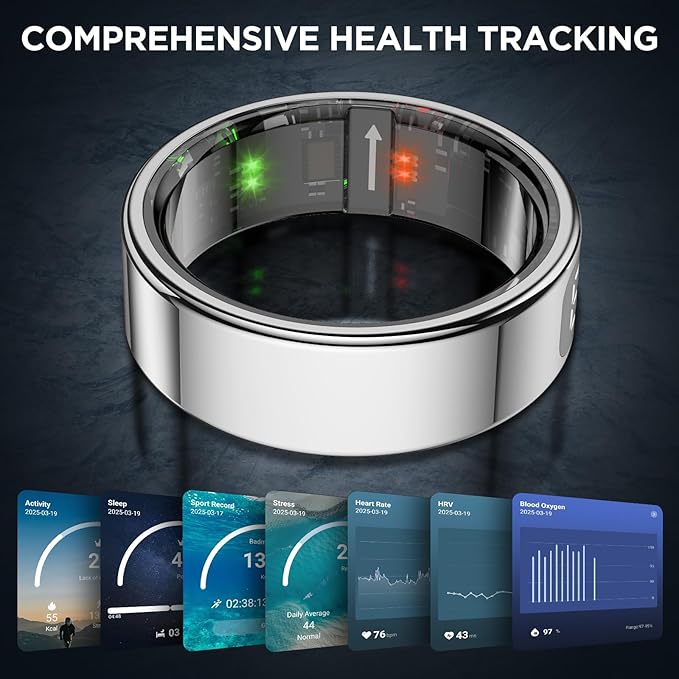 Smart Ring Health Tracker with Display Screen, Sleep Tracker Ring with Heart Rate, Fitness Ring Step tracker for Activity Monitoring/Steps/Calories,Wireless Charging, for iOS Android (Silver,11#)