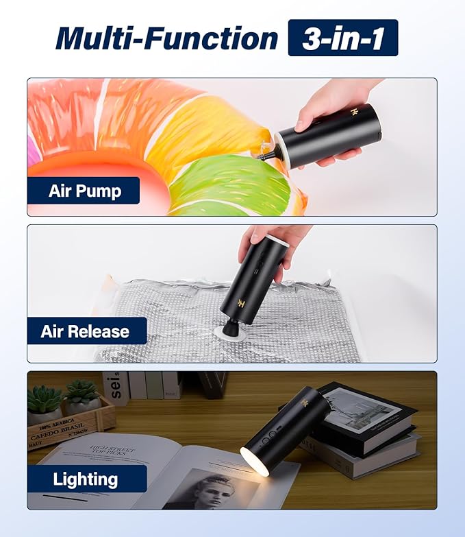 HK Air Pump for Inflatables, Air Mattress Pump 4000mAh Battery & Camping Light, USB Rechargeable Electric Mini Air Pump Inflate Deflate for Pool Floats, Vacuum Storage Bags
