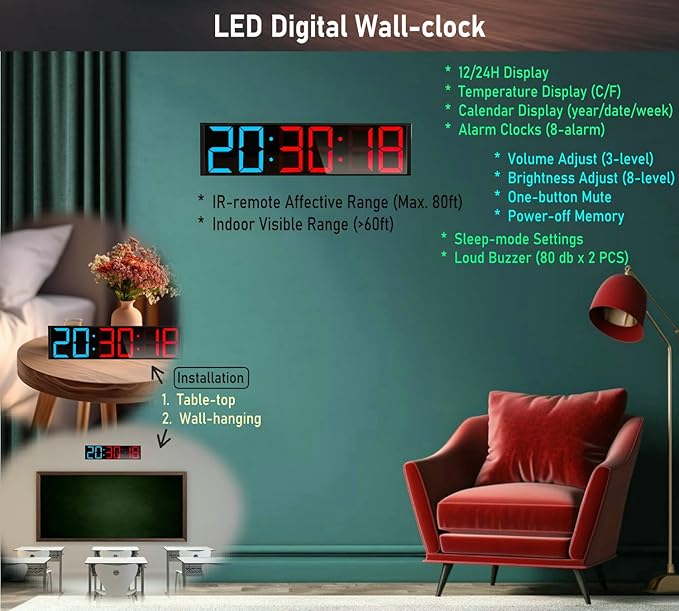 26'' Huge Home Gym Interval Workout Timer Clock, Digital Wall Clock with Seconds Countdown/up, Stopwatch, 8-Alarms, 7-Color Night Light for Tabata/HIIT/MIIT/EMOM/FGB/Boxing (Blue-Red)