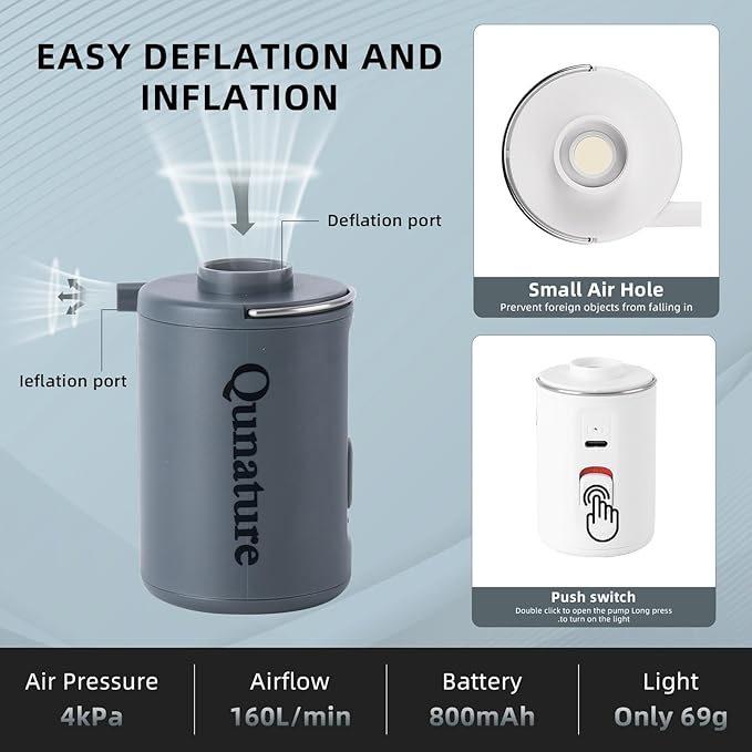 Portable Air Pump for Inflatables, 4KPa Mini Electric Rechargeable Pump, Quickly Inflate Deflate for Pool Floats, Swimming Rings, Air Mattress, Sleeping Pads, Vacuum Storage Bags 800mAh