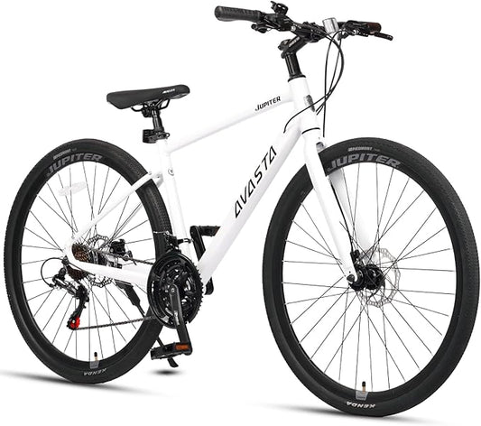 AVASTA Jupiter 700C Road Adult Step-Over Hybrid Cycling Bike Bicycle, Aluminum Frame, 21-Speed, Dual Disc Brakes, Multpile Colors for Men Woman Male Female