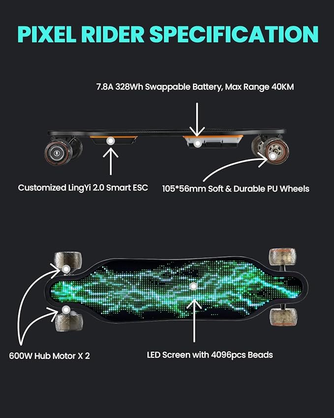 S3/Pixel Rider Electric Skateboards with Remote and Swappable Battery/Top Speed 28 Mph/2 * 600W Motors/12Miles/25Miles Max Range Electric Longboards for Adult＆Beginner