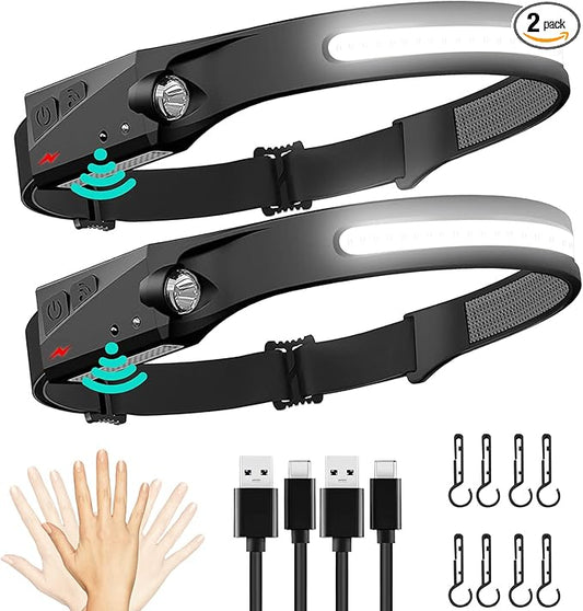FBKK Rechargeable LED Headlamp 2 Pack, 230°Wide Beam Head Lamp with Motion Sensor, Waterproof Lightweight Headlight Flashlight for Camping, Hiking, Running, Outdoor for Adults and Kids