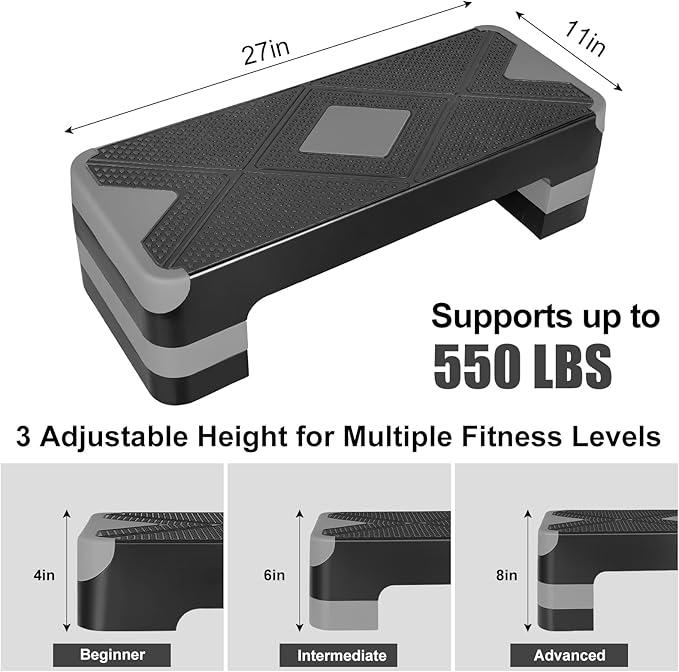 Exercise Workout Aerobic Step Platform Trainer, 27" Aerobic Stepper with 4"-6"-8" Adjustable Height Risers