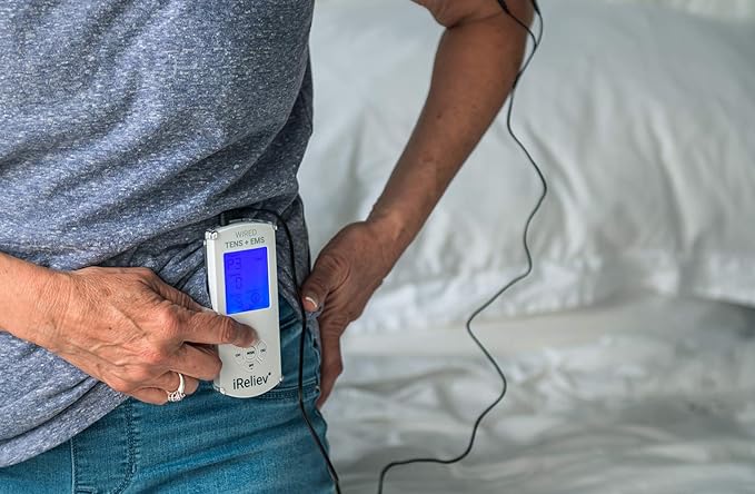 FDA Cleared iReliev TENS Unit + EMS 14 Therapy Modes, Premium Pain Relief and Recovery System, Rechargeable, Large Back Lit Display, 12 Electrodes & Case