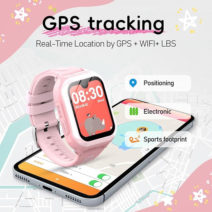 Wonlex 4G GPS Smartwatch for Kids, 1.78" AMOLED Touchscreen Phone Watch with SIM Card, Video Calls, Voice Chat, SOS, Camera, Music, Pedometer, Game, Birthday Gift for Girls Boys Ages 8-15(Pink)