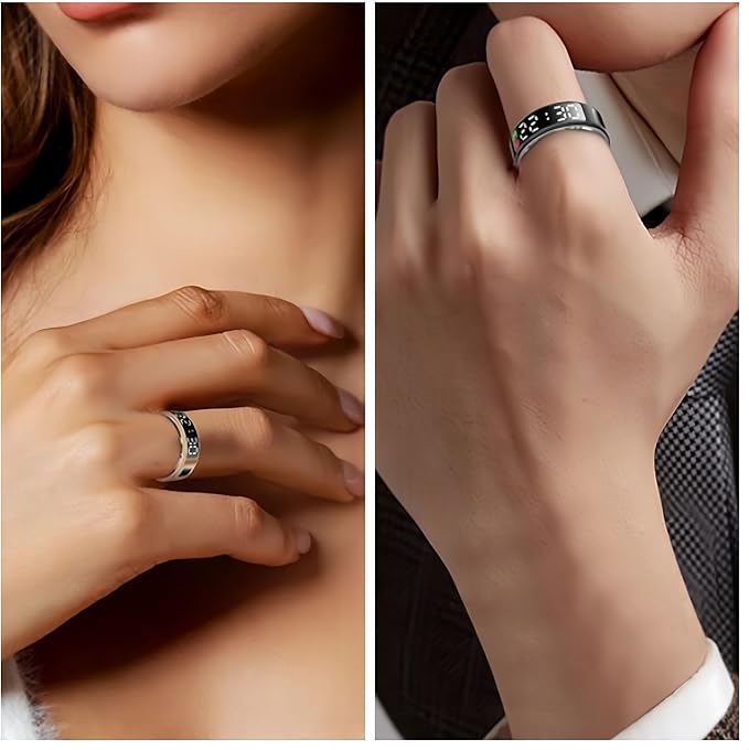 Smart Ring Health Fitness Tracker, Touch Screen Smart Ring for Men and Women, Sleeping Steps Heart Rate Blood Oxygen Monitor, Remote Photography LED Display Ring Waterproof Fitness Ring (Silver, 8)