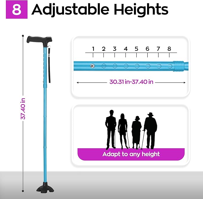 Walking Cane for Men and Women, Extended Grip; Solid Base; Foldable; Adjustable Heights; Lightweight; Free Standing; Portable Canes for Seniors Heavy Duty (Blue)
