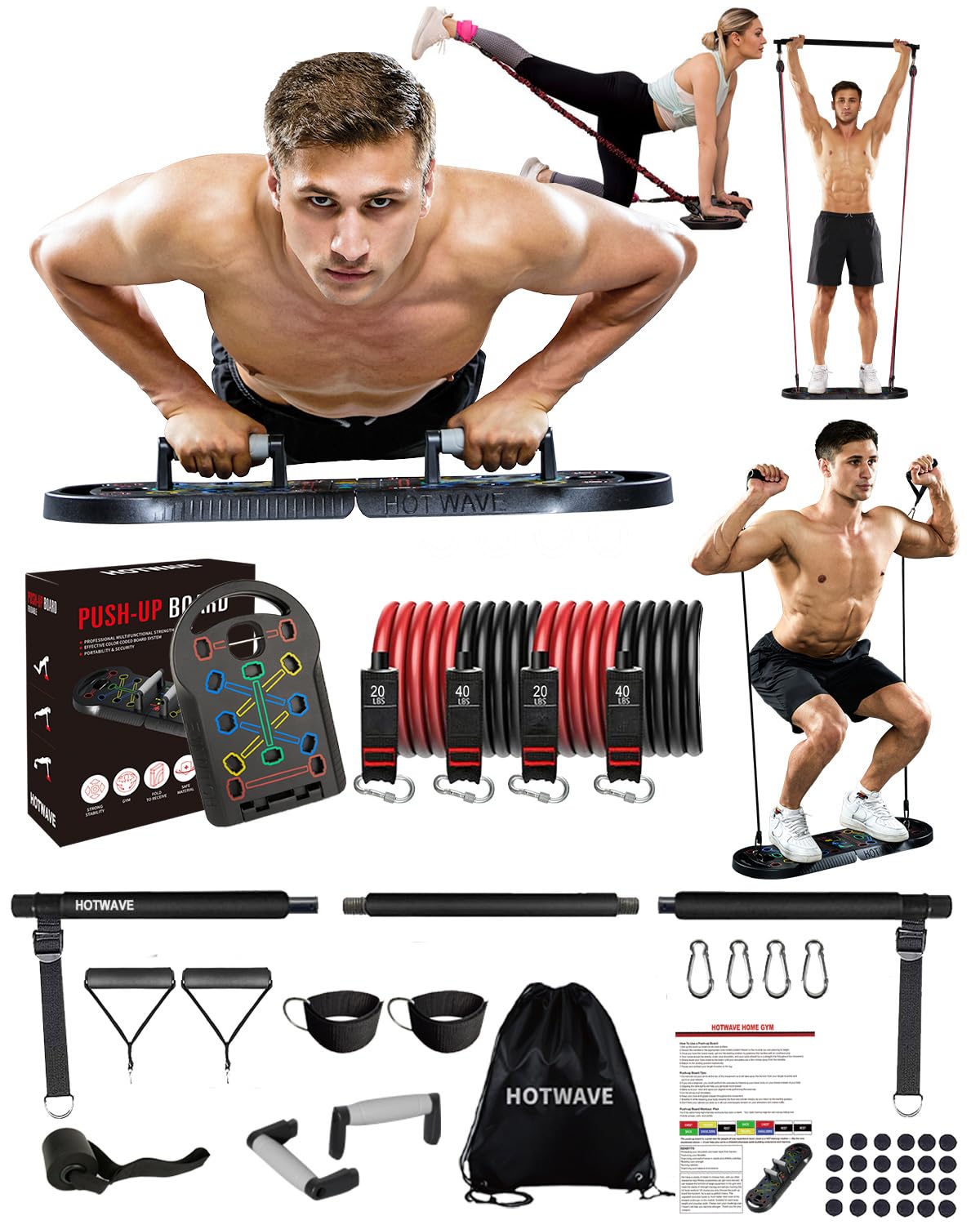 HOTWAVE Push Up Board, Portable 20 in 1 PushUp Board, Foldable Push Up Bar
