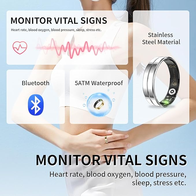 HitTopss Smart Ring, Ultra Thin Fitness Tracking Smart Ring with Calories/Heart Rate/Blood Oxygen/Sleep Monitoring, 5ATM Waterproof, No APP Subscription (Silver,Ultra Thin-9#)