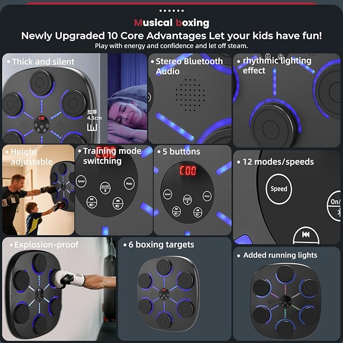 𝟐𝟎𝟐𝟓 𝐔𝐩𝐠𝐫𝐚𝐝𝐞𝐝 Music Boxing Machine for Adults and Kids, Wall Mounted Bluetooth Boxing Training Pad Equipment with Gloves, Punching Bag for Indoor Home, Office, Gym