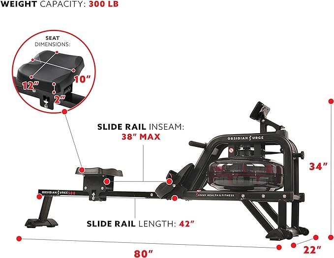 Sunny Health & Fitness Premium Water Rower w/Intensive Dynamic Real-Time Resistance, 300 LB Capacity Flip-able Rowing Machine for Home Training, Optional Free SunnyFit App Connection