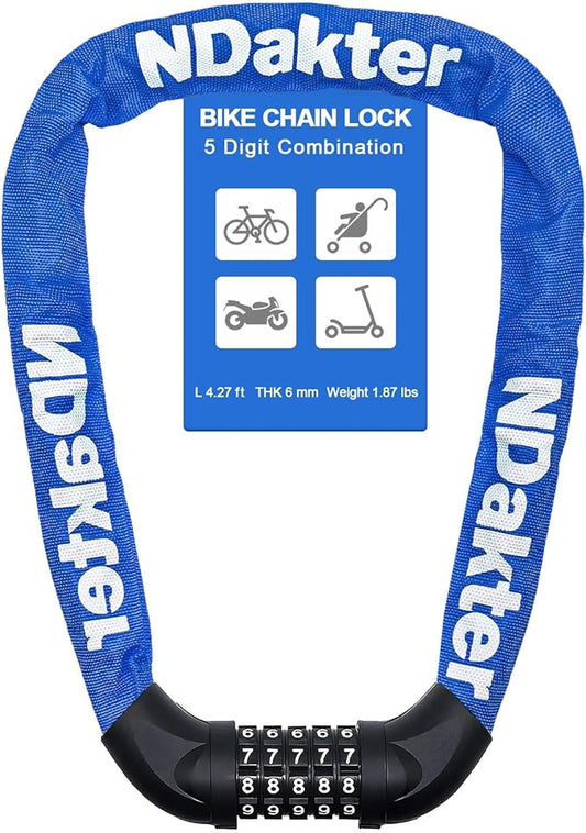 NDakter Bike Chain Lock, 5 Digit Combination Heavy Duty Anti Theft Bicycle Chain Lock,2.62/3.2/4.27/5/6Ft Long Security Resettable Bike Locks for Bike, Bicycle, Scooter, Door, Gate, Fence-4/6mm Thick
