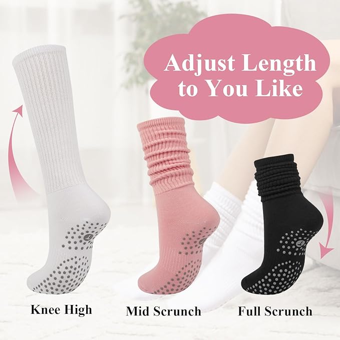Grip Pilates Socks for Women, Yoga Slouch Socks with Grip for Barre Workout Hospital Long Scrunch Slipper Socks
