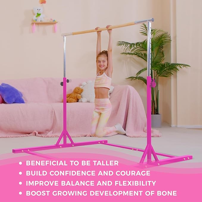 Kangaroo Hoppers Gymnastics Bar with Mat for Kids 3-15, Adjustable 35.4"-57.1" Gymnastics Horizontal Bars with Steel Frame at Home/Indoor Training, 260LBS (Pink)