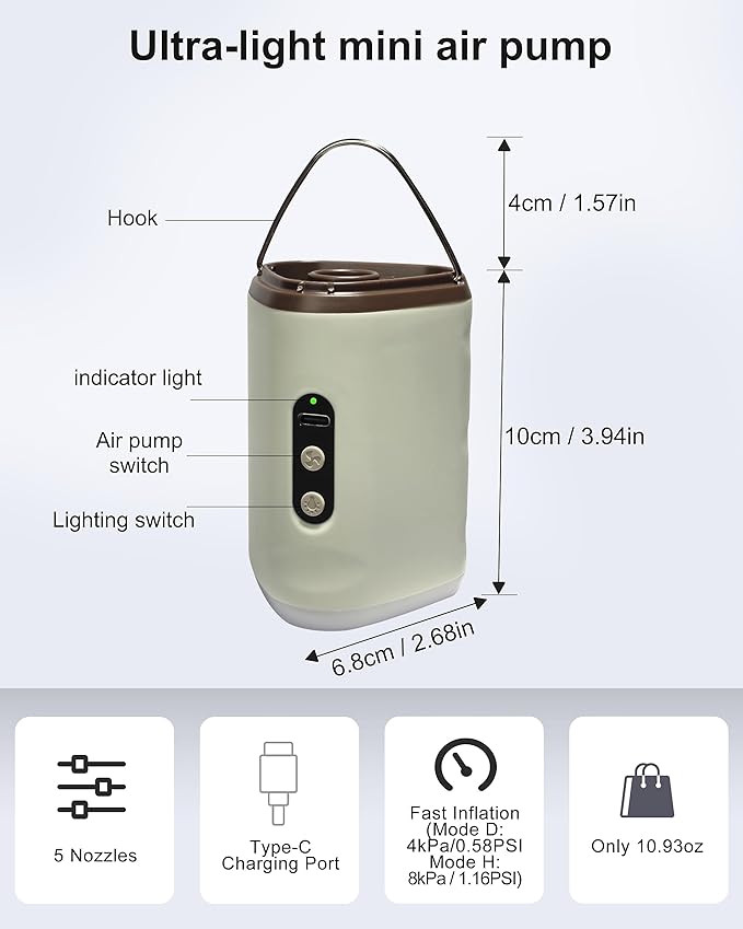Portable Air Pump with 2500mAh Battery USB Rechargeable Lightweight Electric Mini Air Pump Inflate Deflate for Pool Floats Vacuum Storage Bags Air Mattress Swimming Ring Sleeping Pads – Khaki