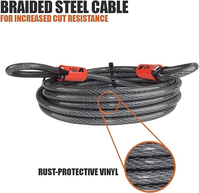 BV Heavy-Duty 15FT Security Cable with Loops - 10mm (3/8 Inch) Cut-Resistant Braided Steel Cable - Versatile & Weatherproof - Security Chain for Padlock, Chain Lock, Wire Lock