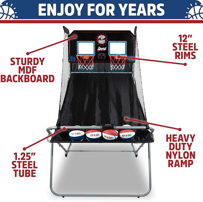 Pop-A-Shot - Dual Shot Sport | Arcade Basketball Game for Home | Paddle Scoring Hoop, 10 Game Modes, 4 Balls | Foldable for Easy Storage | Fun for All Players